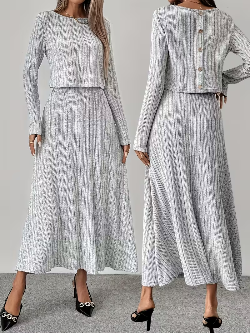 DJ0708113 New 2pcs Women's Solid Color Round Neck Long Sleeve Top and Skirt Autumn/Winter Set