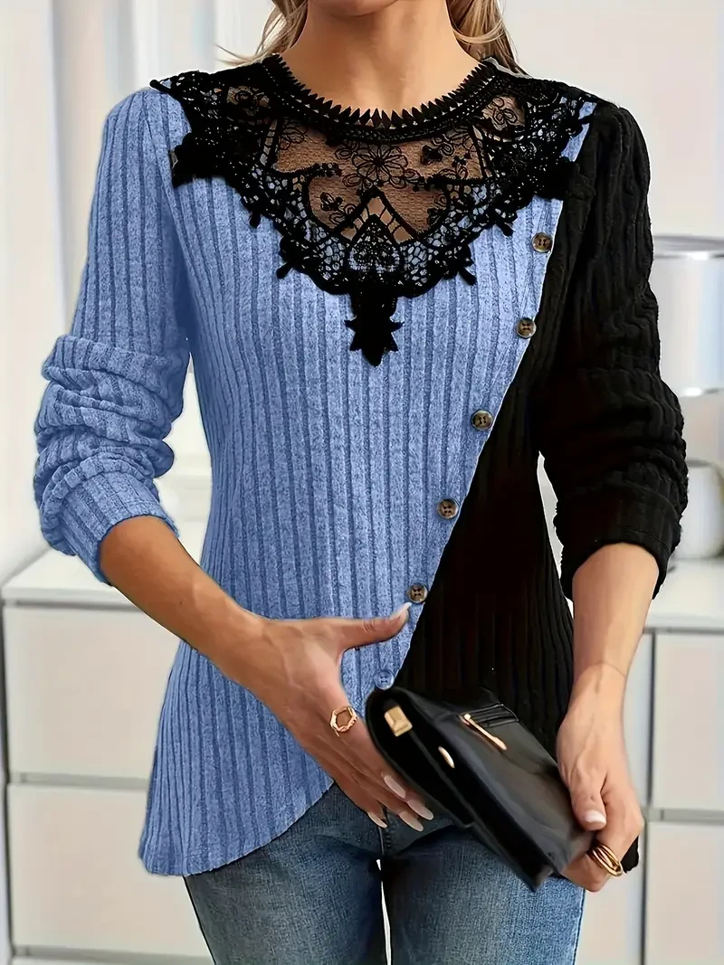 Plus Size, Women's Elegant Lace Top, Fashionable Modern Long Sleeve Round Neck Casual Workwear for Casual Attire and Festive Occasions,