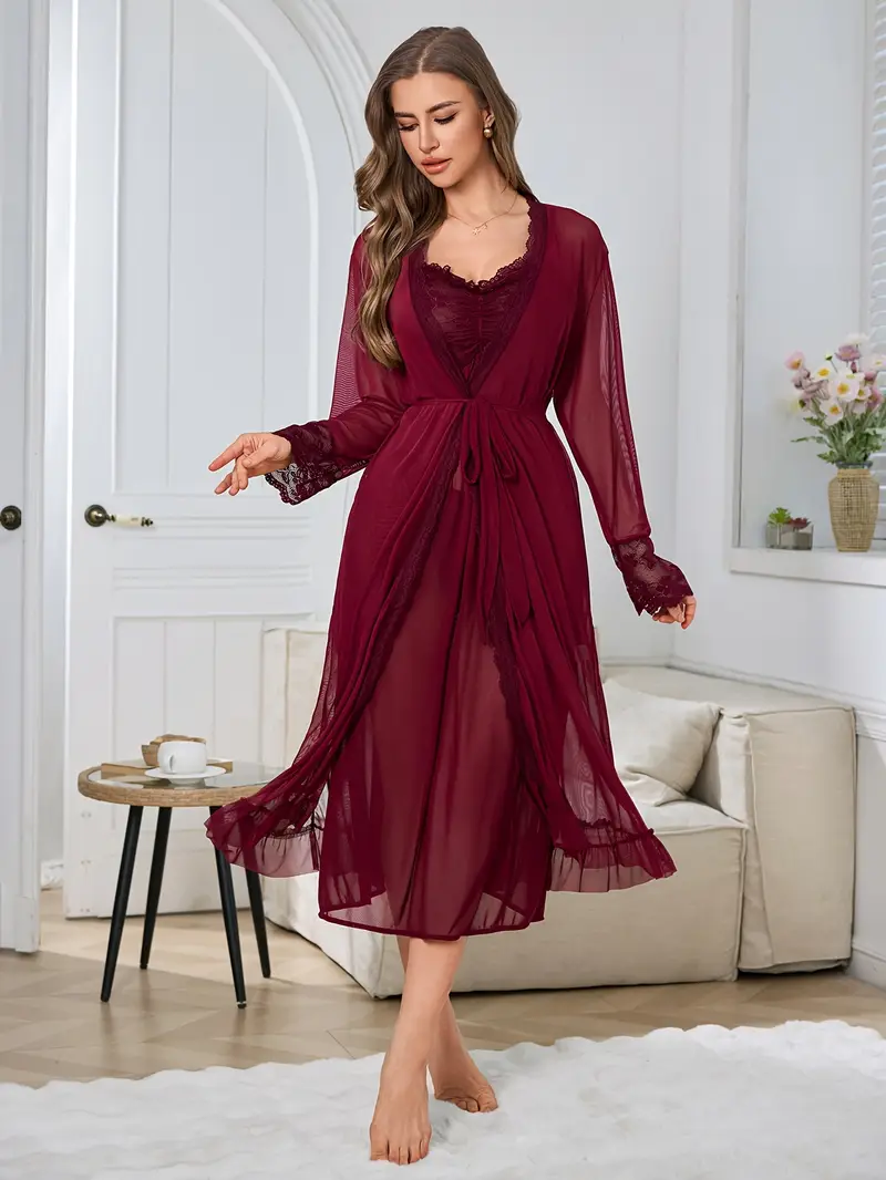 [Mature Pajama] 3pcs Off the Shoulder Women's Mature Style Pajama Set | Solid Color Midi Dress with Contrast Lace Detail, All-Season Wear, Includes Belt