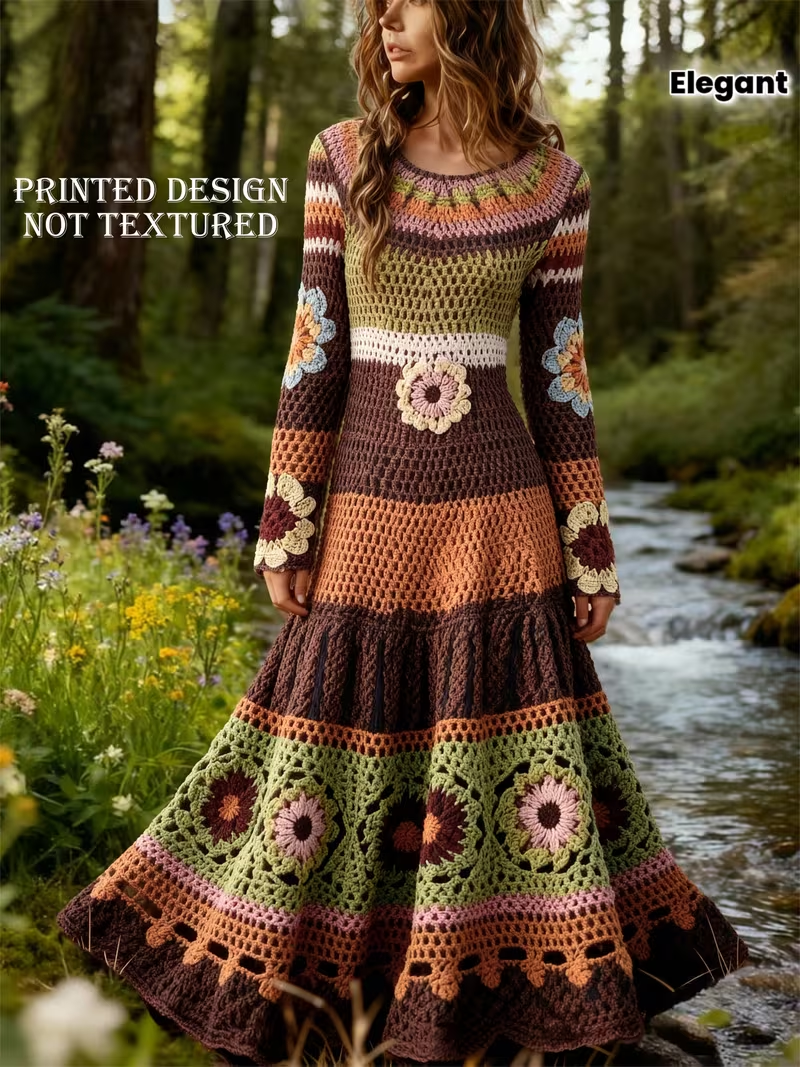 Women'S Bohemian Artistic Retro Color-Blocking Floral and Plant Pattern Round-Neck Long-Sleeved Slim-Fit Striped Dress | Elegant, Crew Neck, All-Season, Peplum Style