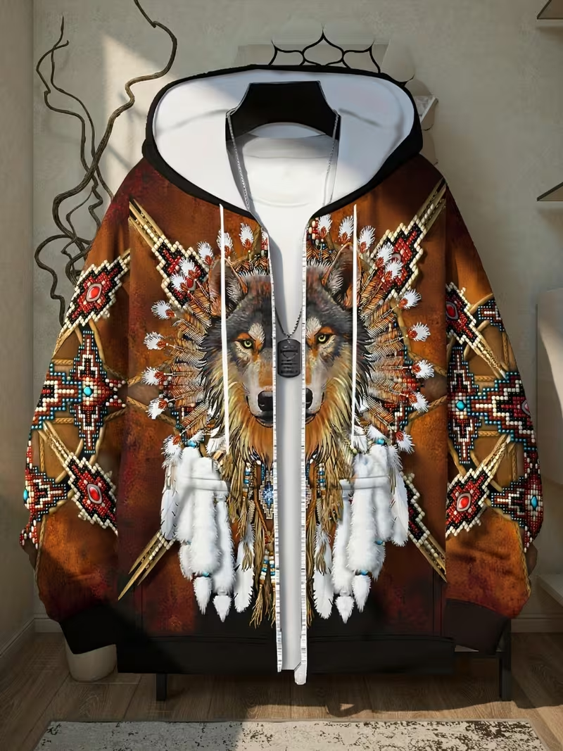 Men'S Long-Sleeve Zip-Up Sports Jacket**Dependable And Popular Winter Coat with Wolf Graphic - Comfortable