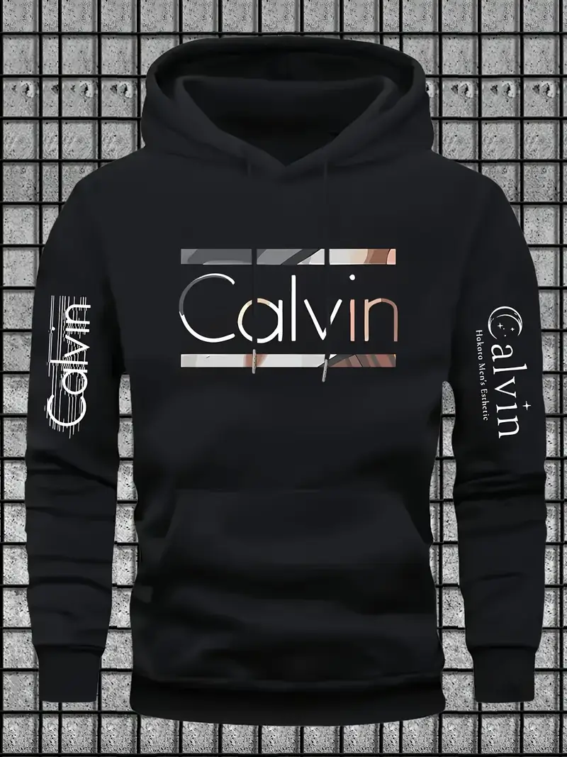 [Winter Clothing] Men's Black Hooded Sweatshirt | Casual Gal Letter Print & Kangaroo Pocket | Stretch Fabric,