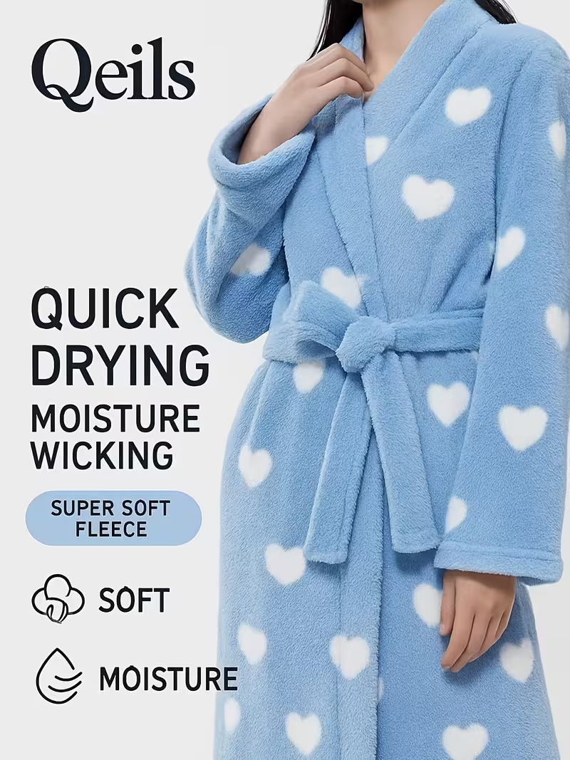 Women's Flannel Belted Robe for Fall/Winter - Cozy Home Sleepwear Bathrobe with Cute Heart Print, Non-Stretch, Machine Washable