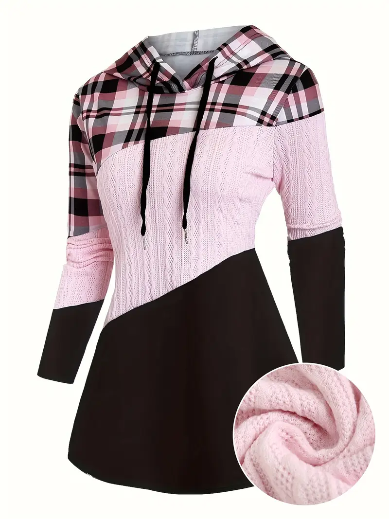 Women's Elegant Plaid Hooded Sweater Jacket - Green/Black/White/Gray Plaid, Long Sleeve A-Line Dress-like Fit with Hood