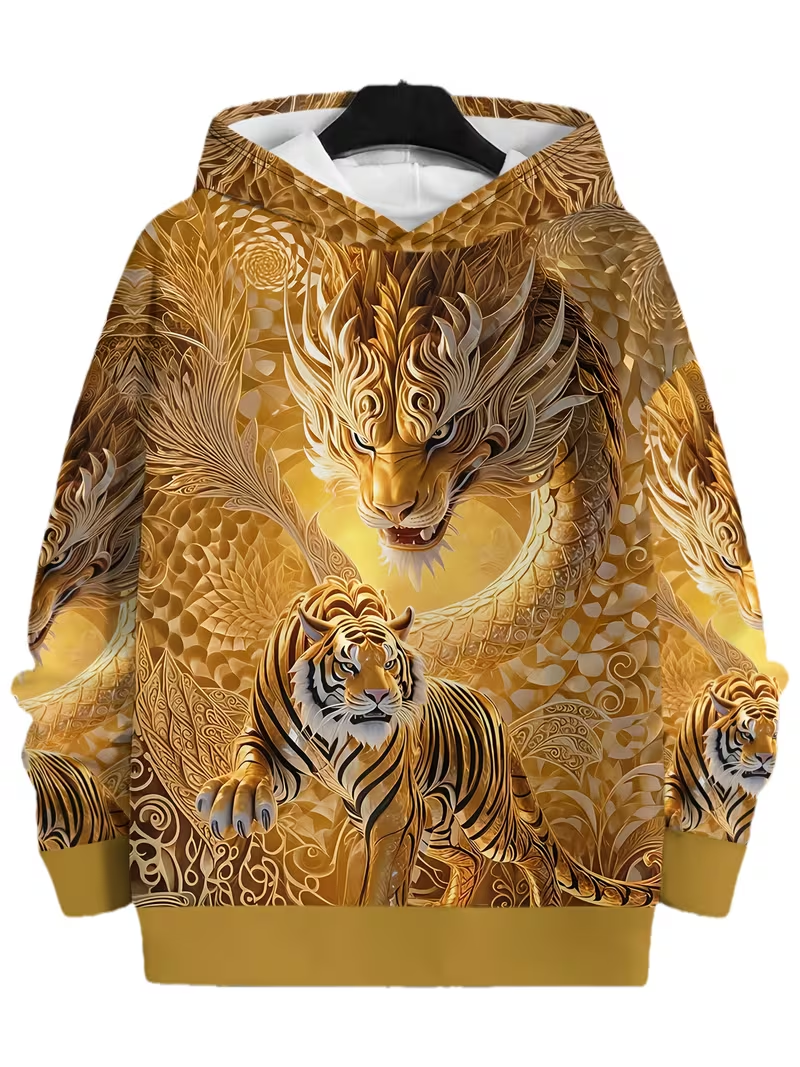 Men'S Hooded Zip-Up Jacket - Full-Zip Closure Hoodie, Golden Tiger Graphic Streetwear, Lightweight Softshell Outerwear for Spring/Fall, Urban Fashion Coat for Casual Outfits & Themed Events,